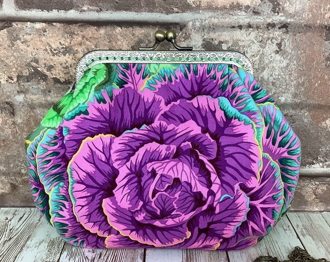 Floral small frame clutch bag, Cabbages handbag, Optional chain, Handmade