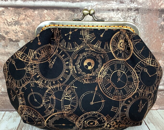 Clocks small frame clutch bag, Steampunk handbag, Gothic makeup purse, Optional chain, Handmade