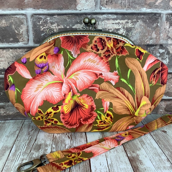 Orchids medium frame clutch bag, Floral clutch purse, Tropical frame handbag, Shoulder bag, Detachable strap, Handmade