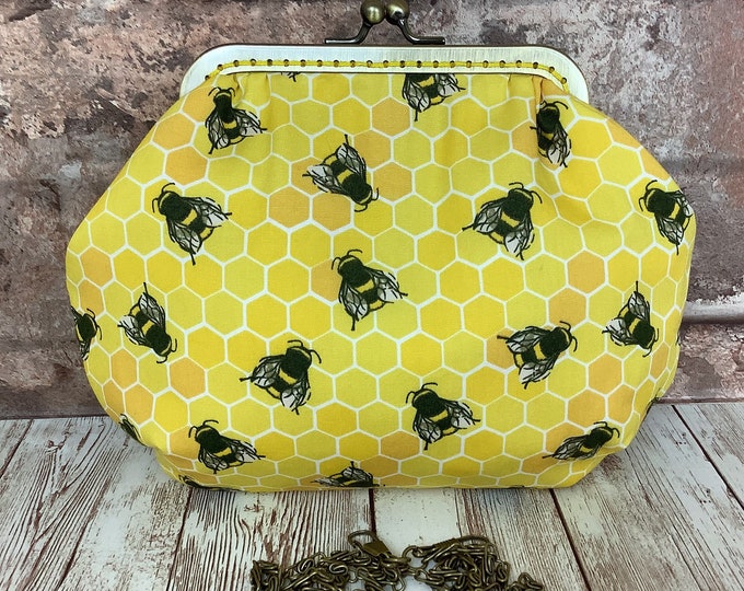 Bees small clutch bag, Honey bee frame handbag, Makeup purse, Optional chain, Handmade