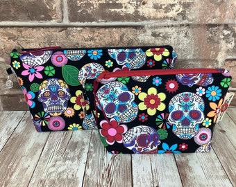 Candy skulls zip case, Gothic zipper pouch, Day of the dead flat bottomed fabric case, 2 size options, Handmade