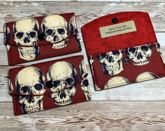 Skulls card case, Gothic fabric business card wallet, Travel pass holder, Alexander Henry, Rad Skulls, Handmade