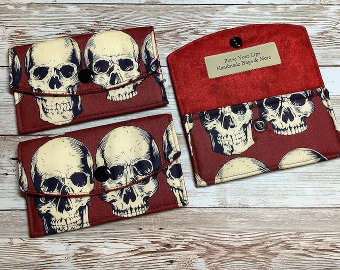 Skulls card case, Gothic fabric business card wallet, Travel pass holder, Alexander Henry, Rad Skulls, Handmade