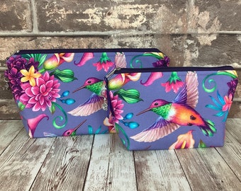 Hummingbird zip case, Tropical zipper pouch, Floral zip wallet, Pencil case, Makeup bag, Fabric, Flat bottomed, 2 size options, Handmade