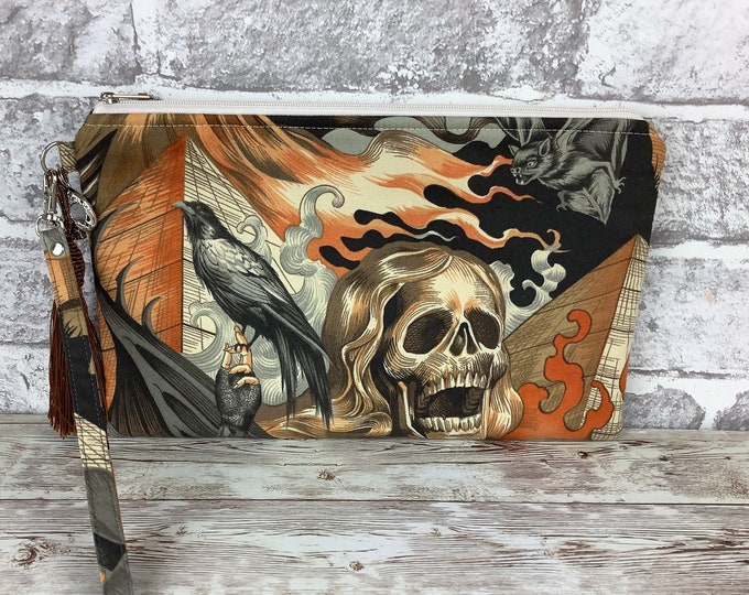 Skulls zip clutch bag, Gothic wristlet zip purse, With detachable wrist strap, Silky tassel and charm, Handmade