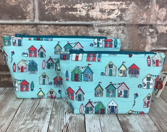 Beach huts zip case, Flat bottome, 2 size options, Handmade