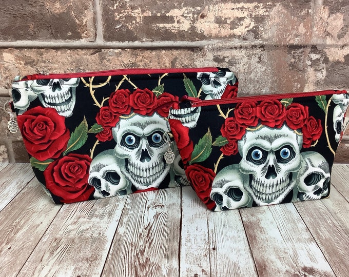 Gothic zip case, Skulls and Roses zipper pouch, Rose Tattoo flat bottomed fabric pouch, 2 size options, Alexander Henry, Handmade