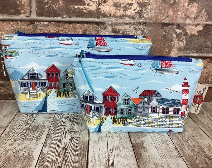 Seaside zip case, Seafront zipper pouch, Beachfront flat bottomed fabric pouch, 2 size options, Handmade