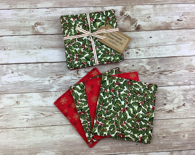 Christmas holly and snowflakes fabric coasters, Set of 4, Reversible, Handmade