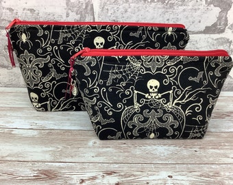 Skeletons zip case, Gothic zipper pouch, Flat bottomed fabric pouch, 2 size options, Handmade