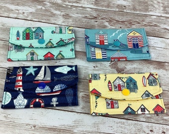 Beach huts card case, Seaside fabric business card wallet, Travel pass holder, Handmade