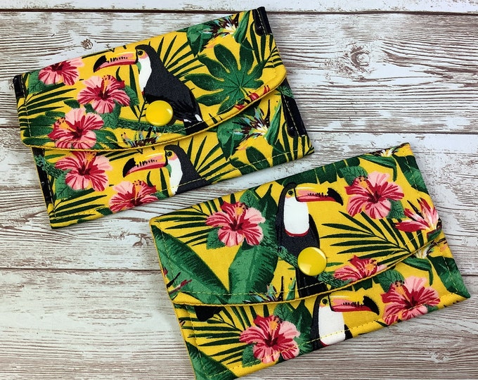Toucans card case, Jungle fabric business card wallet, Tropical travel pass holder, Handmade