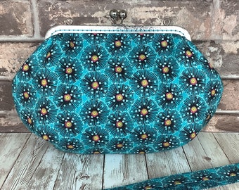 Floral medium frame clutch bag, Poppies clutch purse, Turquoise frame handbag, Floral shoulder bag, Detachable strap, Handmade