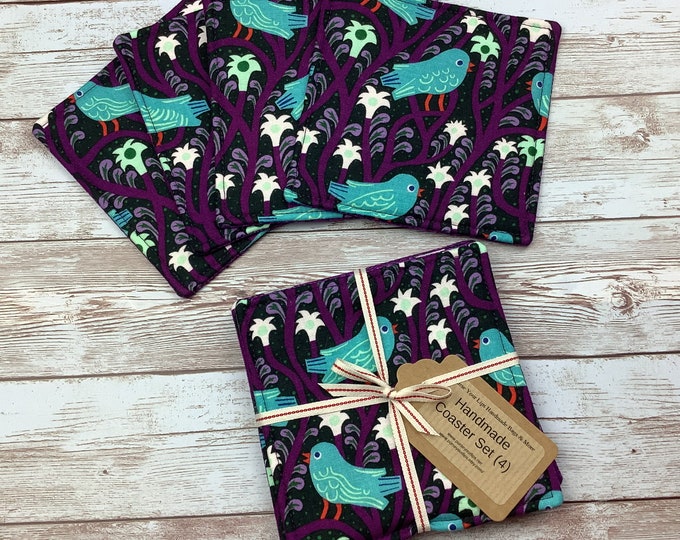 Birds fabric coasters, Set of 4, Purple and turquoise, Handmade