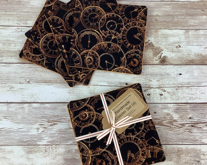 Steampunk web fabric coasters, Set of 4, Gothic clocks, Handmade