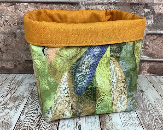 Dragonfly wings fabric basket, Dragonflies storage bin, Green fabric box, Handmade