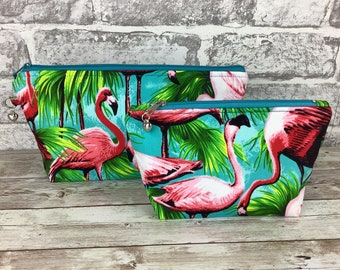 Flamingos zip case, Flat bottomed, 2 size options, Handmade