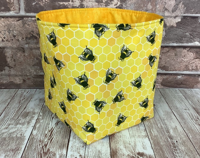 Bees fabric basket, Yellow storage bin, Fabric box, Bedroom storage, Bathroom tub, Handmade