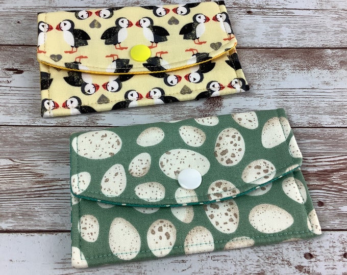 Puffins card case, Birds eggs fabric business card wallet, Travel pass holder, Handmade