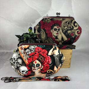 Day of the dead medium clutch bag, Gothic frame bag, Detachable strap, 2 colour options, Handmade