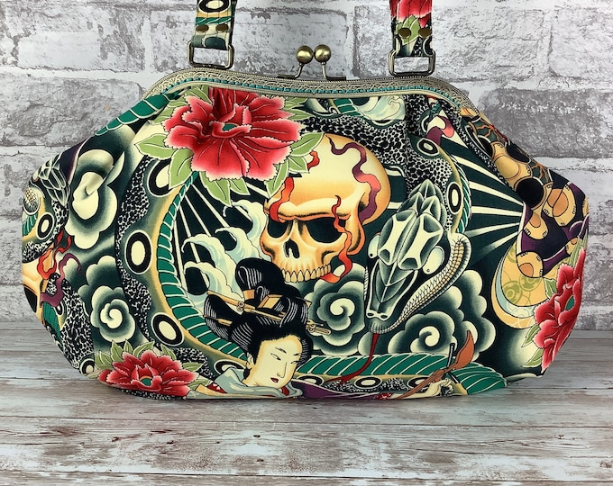 Oriental gothic large frame handbag, Skulls purse, Shoulder bag, Frame bag, Zen Charmer, Alexander Henry, Handmade