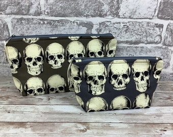 Skulls zip case, Gothic zipper pouch, Rad Skulls flat bottomed fabric pouch, 2 size options, Alexander Henry, Handmade