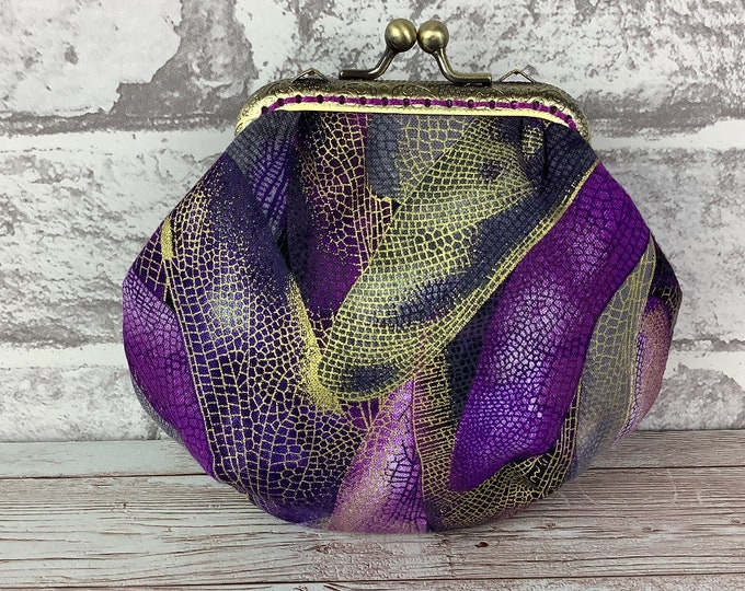 Dragonfly wings frame coin purse, Purple fabric coin purse, Change kiss lock wallet, Optional chain, Handmade