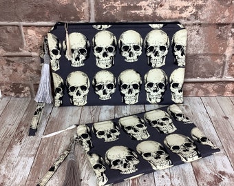 Skulls zip clutch bag, Gothic wristlet zip purse, Detachable wrist strap, Silky tassel and charm, 2 size options, Handmade