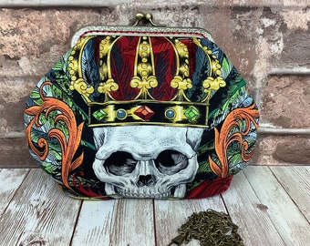 Crowned skulls small frame clutch bag, Gothic handbag, Makeup purse, Optional chain, Handmade