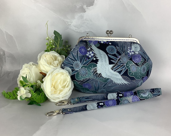 Japanese cranes medium frame clutch bag, Cranes clutch purse, Frame handbag, Birds shoulder bag, Detachable strap, Handmade