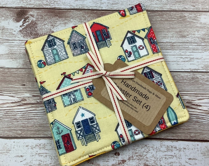 Beach huts fabric coasters, Set of 4, Seaside, Handmade