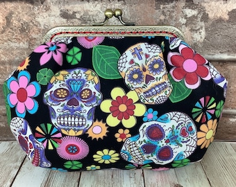 Candy skulls small frame clutch bag, Gothic handbag, Optional chain, Handmade