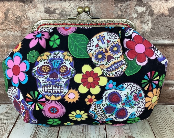 Candy skulls small frame clutch bag, Gothic handbag, Optional chain, Handmade