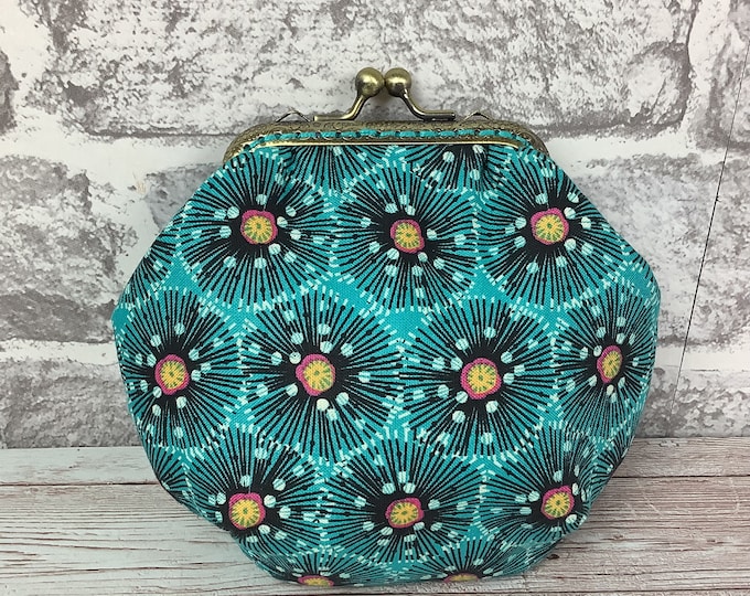 Poppy flowers frame coin purse, Geometric fabric coin purse, Turquoise change kiss lock wallet, Optional chain, Handmade
