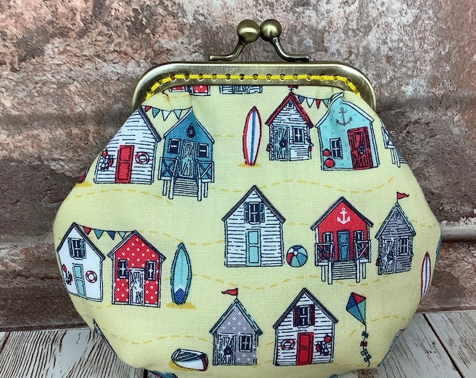 Beach huts frame coin purse, Seaside fabric coin purse, Optional chain, Handmade