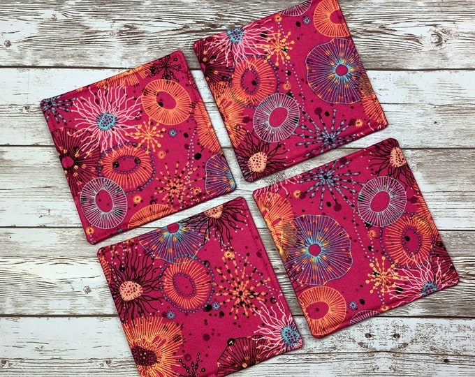 Pink jellyfish coral fabric coasters, Set of 4, Handmade