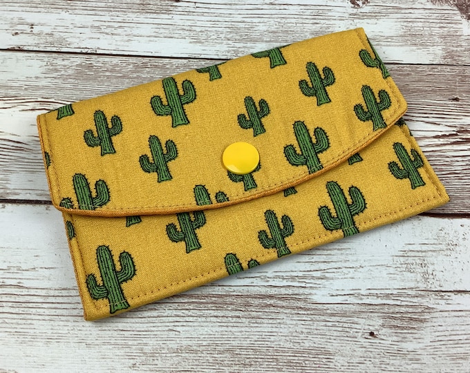 Cactus card case, Cacti palm fabric business card wallet, Travel pass holder, Handmade