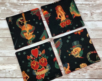 Tattoos fabric coasters, Set of 4, Gothic nautical sailers, Handmade