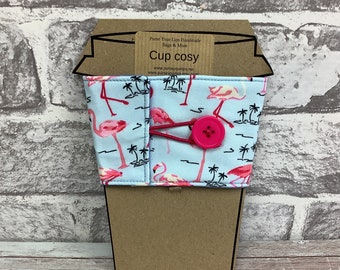 Flamingos fabric cup cozy, Tropical cup cosy, Birds reusable drinks sleeve, Handmade