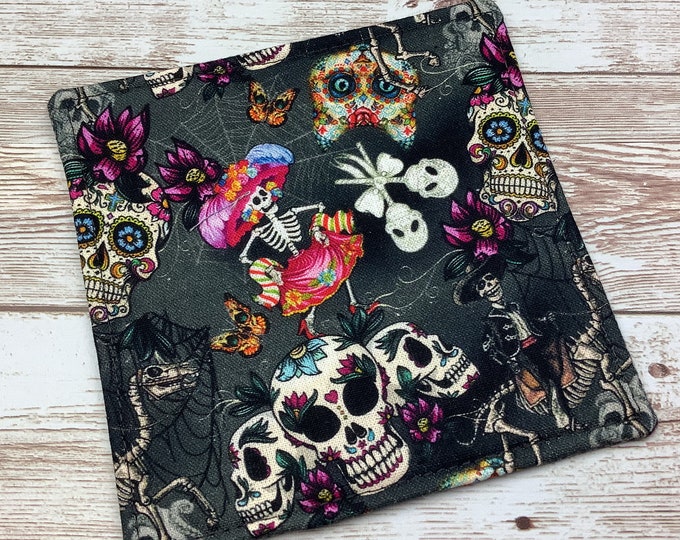 Gothic day of the dead fabric coasters, Set of 4, Handmade