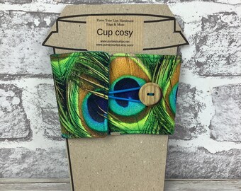 Peacock feathers fabric cup cozy, Reusable drinks sleeve, Handmade