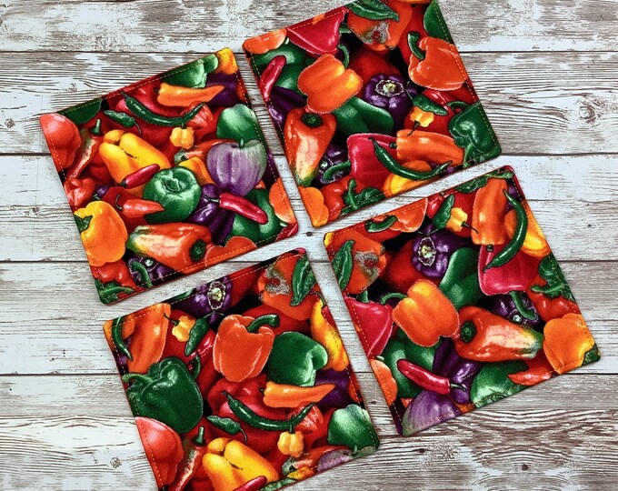 Chilli peppers fabric coasters, Set of 4, Handmade