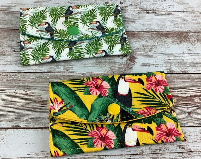 Toucans card case, Jungle fabric business card wallet, Tropical travel pass holder, Handmade