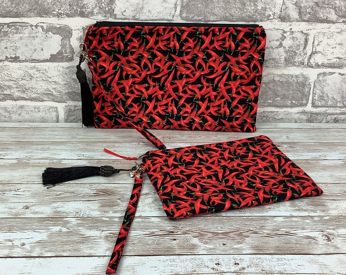 Chillis zip clutch bag, Peppers wristlet zip purse, With detachable wrist strap, Silky tassel and charm, 2 size options, Handmade