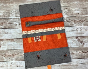 Spiders web jewellery roll, Gothic jewelry wrap, Fabric pouch, Travel organiser, Alexander Henry, Tangled Web, Handmade