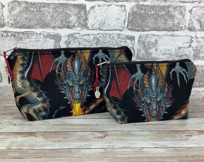 Gothic zip case, Dragons zipper pouch, Flat bottomed fabric pouch, 2 size options, Alexander Henry, Tail of the Dragon, Handmade