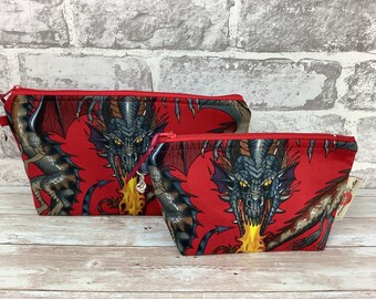 Fiery dragons zip case, Flat bottomed fabric pouch, 2 size options, Alexander Henry, Tail of the Dragon, Handmade