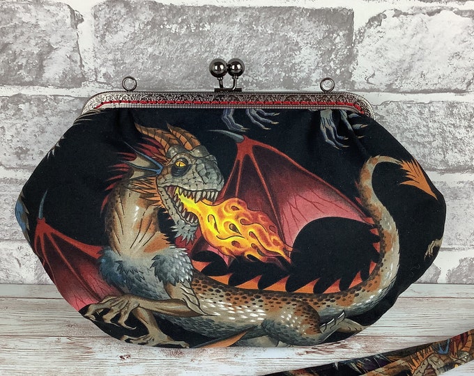 Dragons medium frame clutch bag, Gothic clutch purse, Detachable strap, Tail of the Dragon, Alexander Henry, Handmade