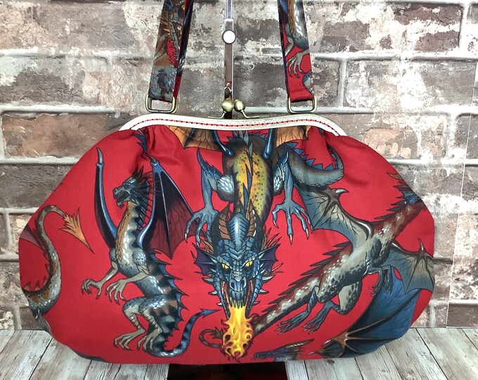 Dragons large frame handbag, Gothic purse, Shoulder bag, Frame bag, Tail of The Dragon, Alexander Henry, Handmade