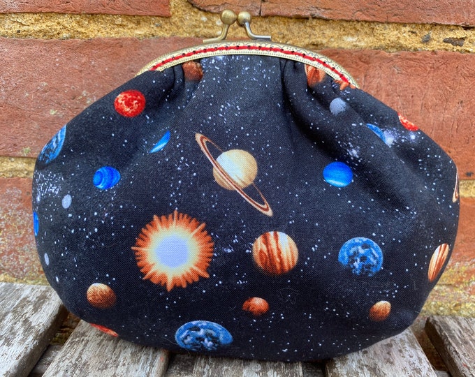 Space small frame clutch bag, Planets handbag, Galaxy makeup purse, Optional chain, Handmade